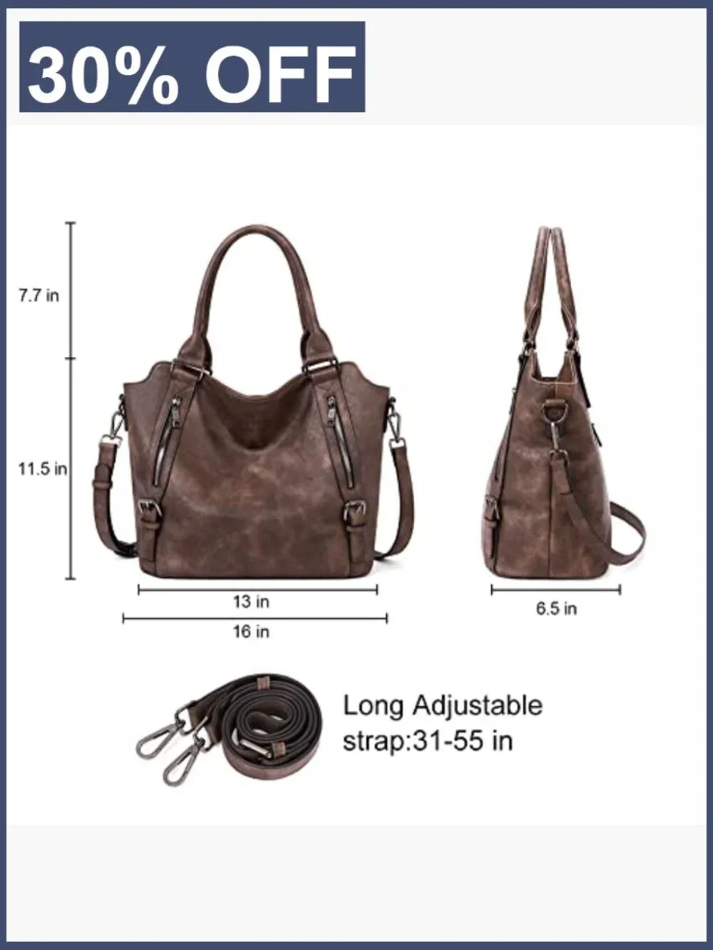 Large Hobo Bag with Multiple Pockets, Vegan Leather, Adjustable Strap